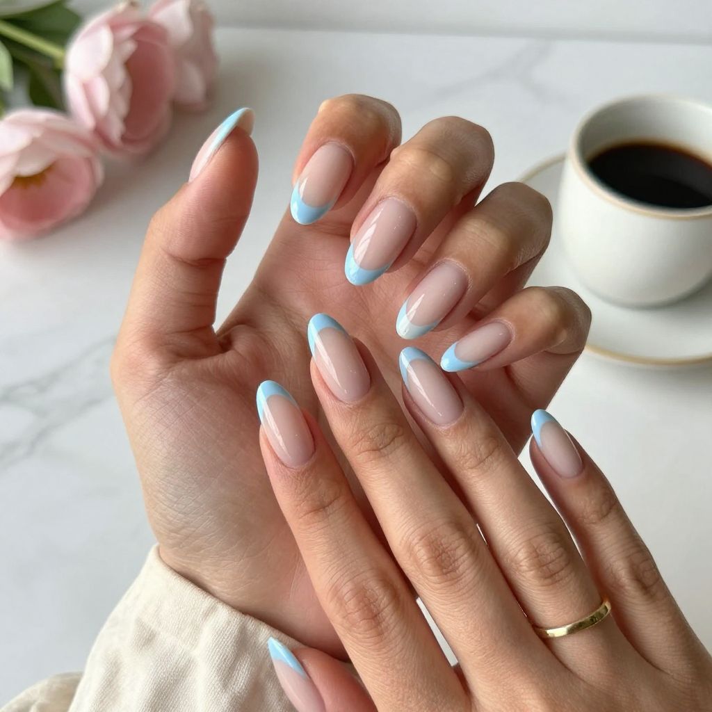 Pastel Blue French Tips on Almond Nails