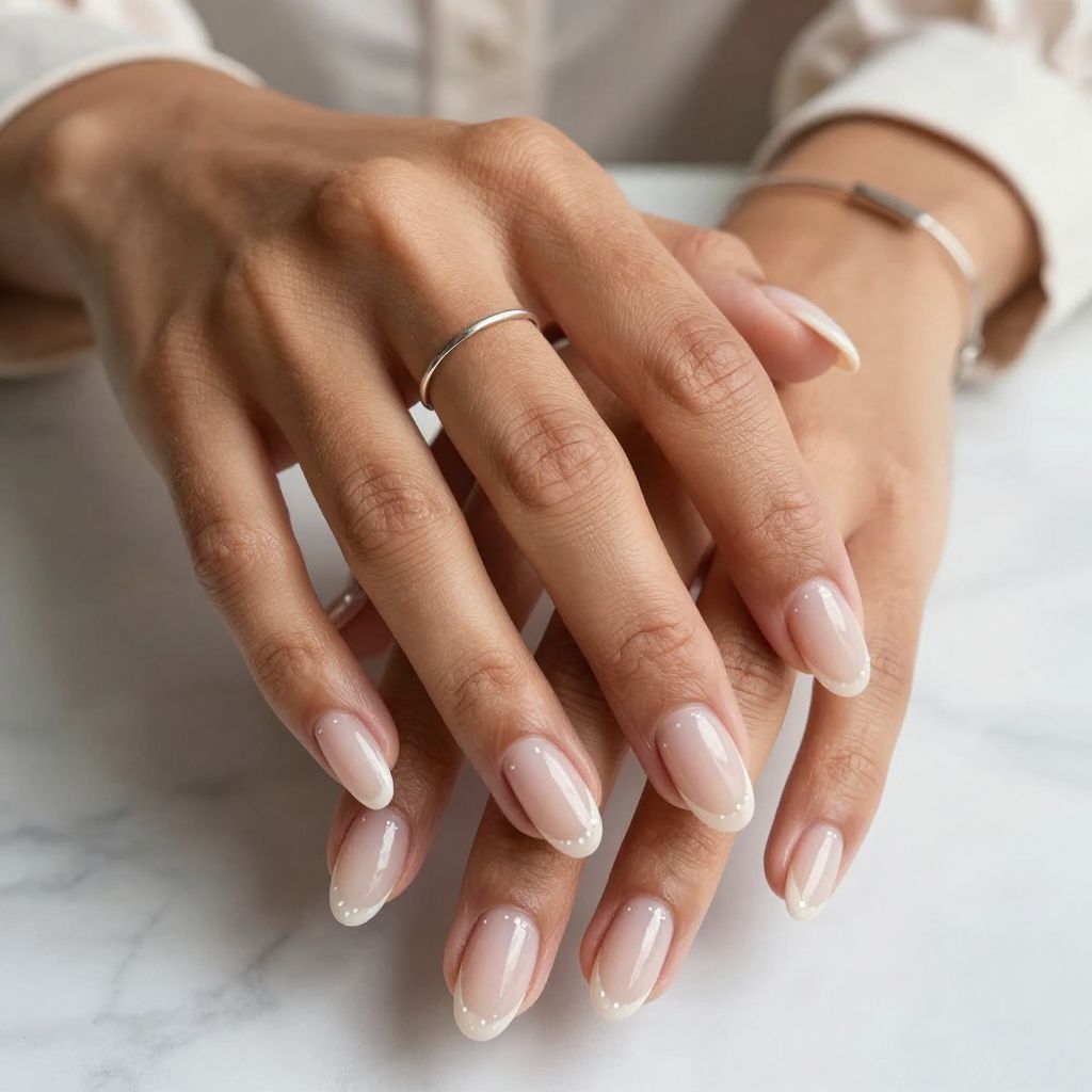 Transparent Almond Nails with White Dot French Tips