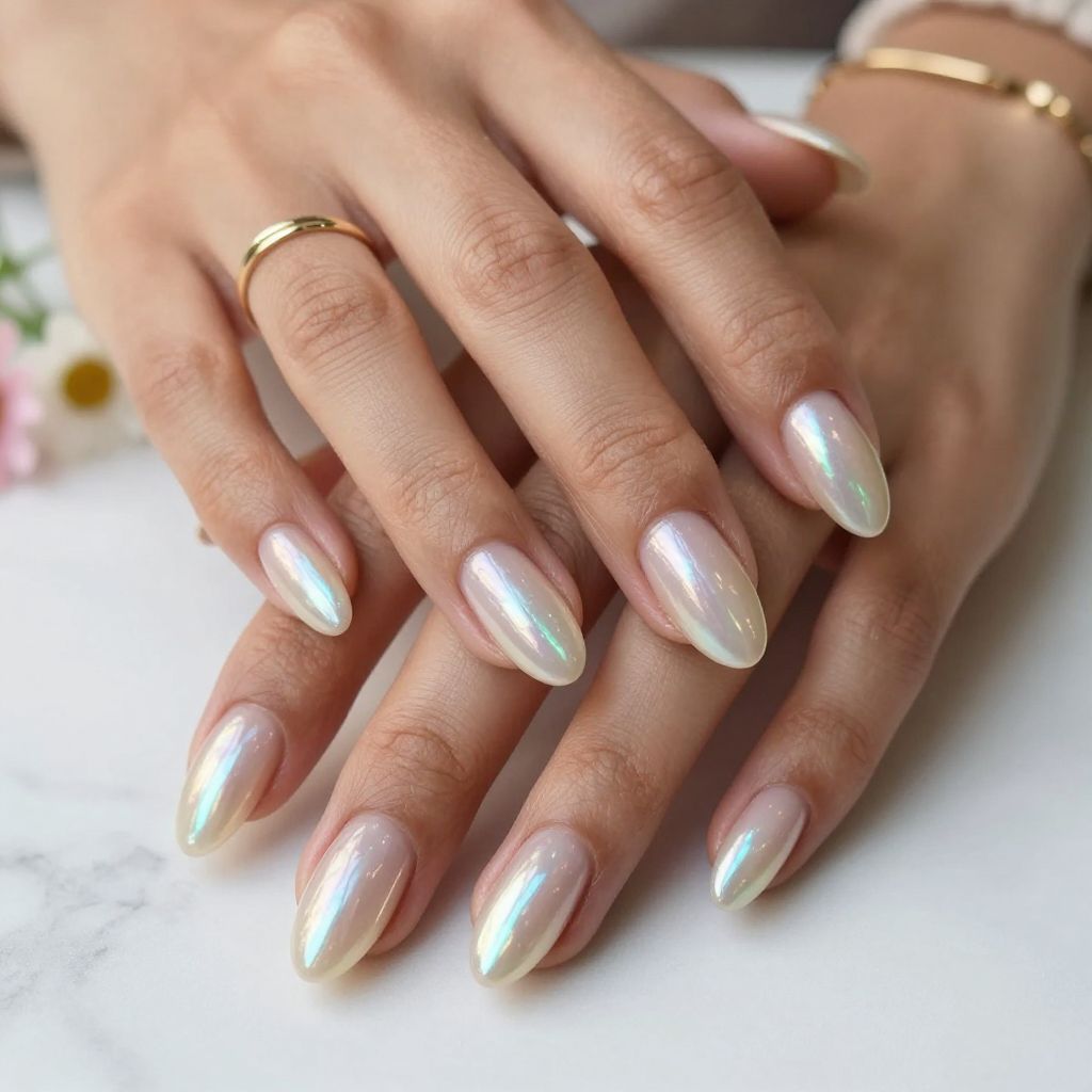 Iridescent Pearl Tips on Almond Nails