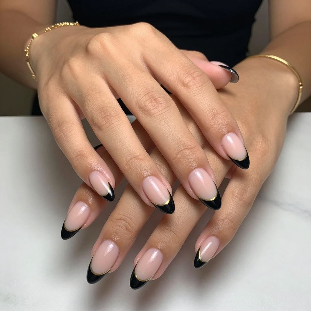 Black Tipped Almond French with Gold Stripe