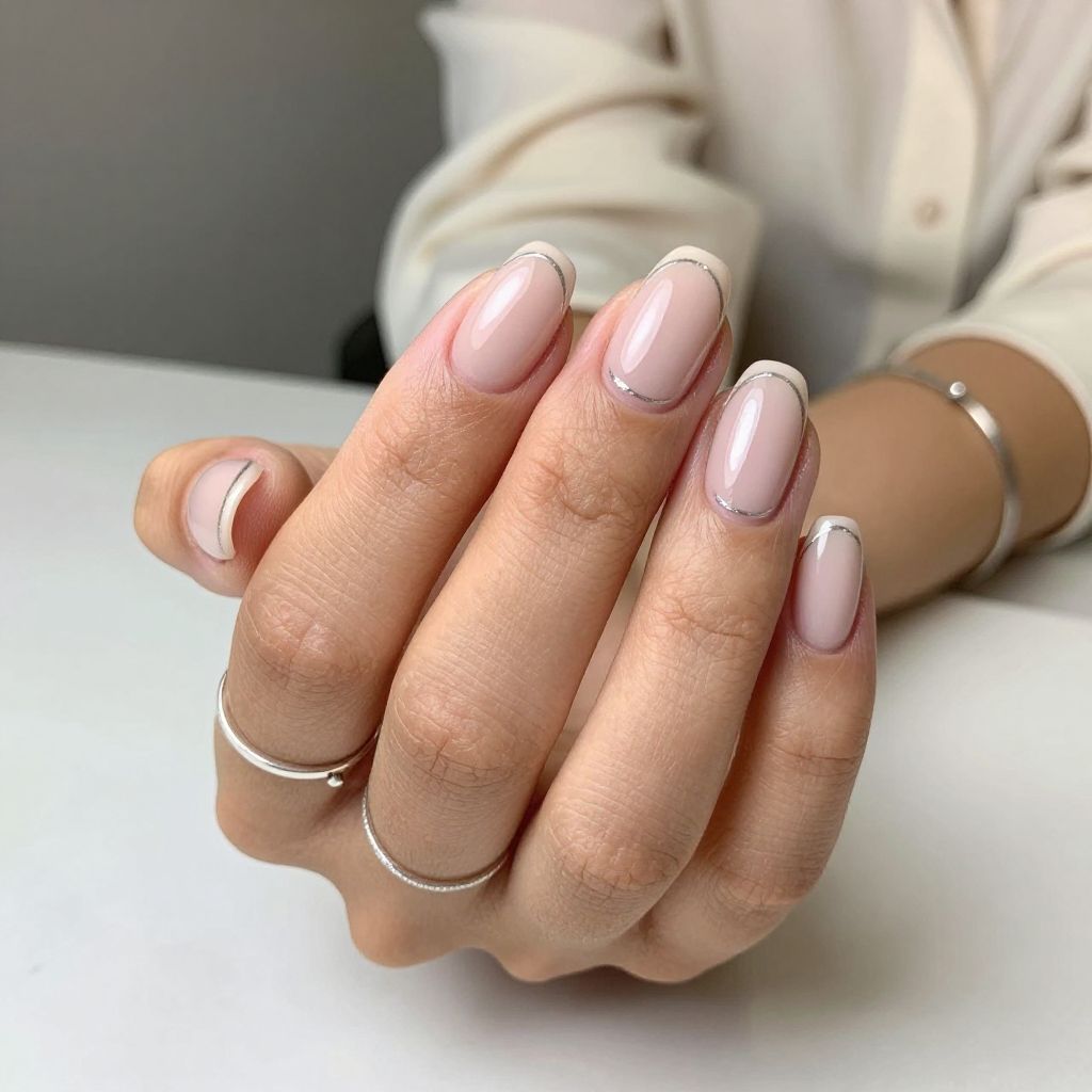 Glossy Nude with Silver Stripe Nails