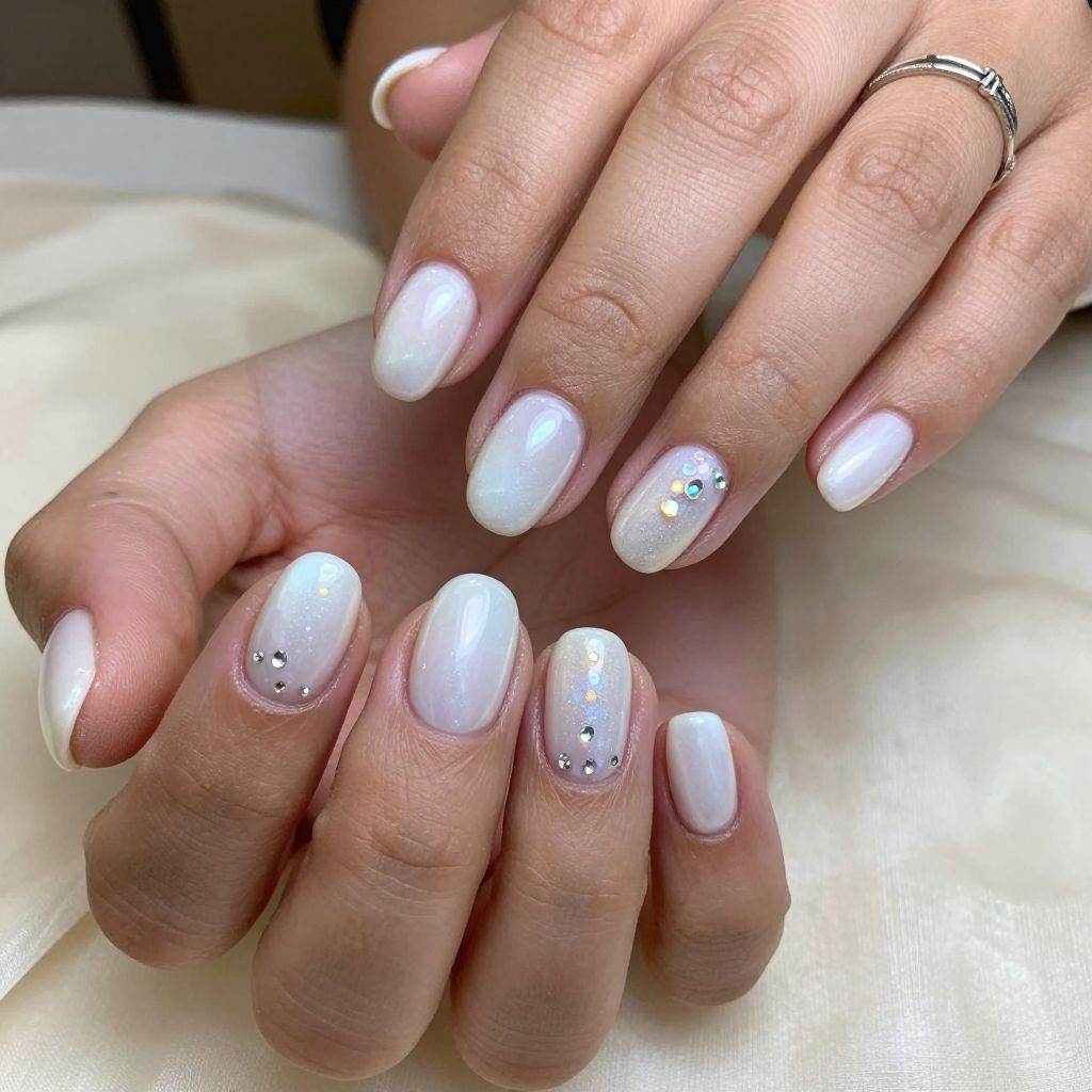 Pearl White with Tiny Iridescent Gems Nails