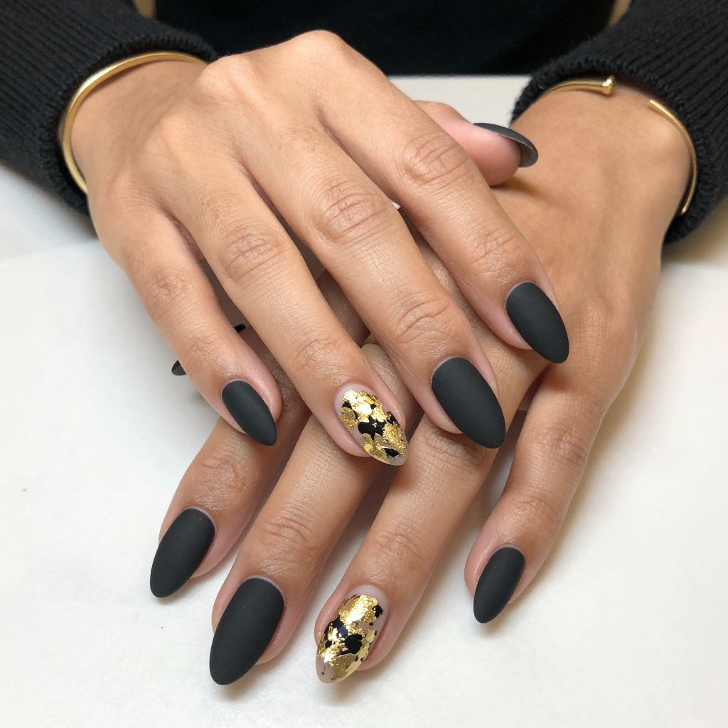 Matte Black with Gold Foil Accent Nails