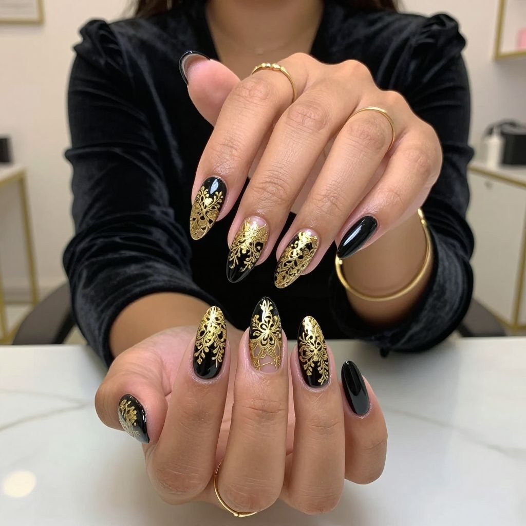 Black Lace Pattern and Gold Accents Nails