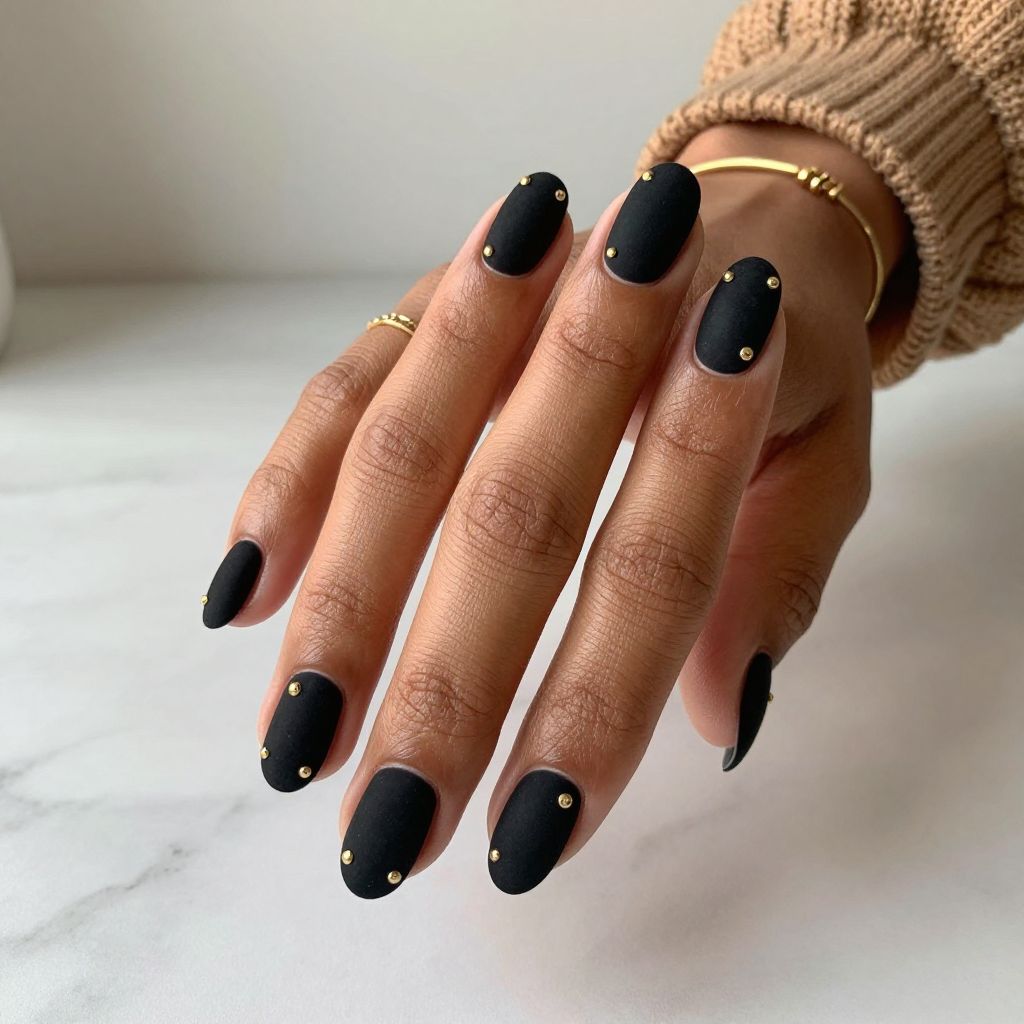 Black Velvet Nails with Gold Stud Embellishments