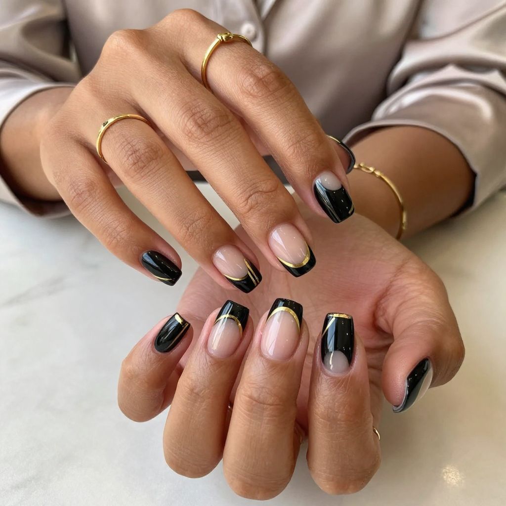 Black and Gold Stripes with Negative Space Nails