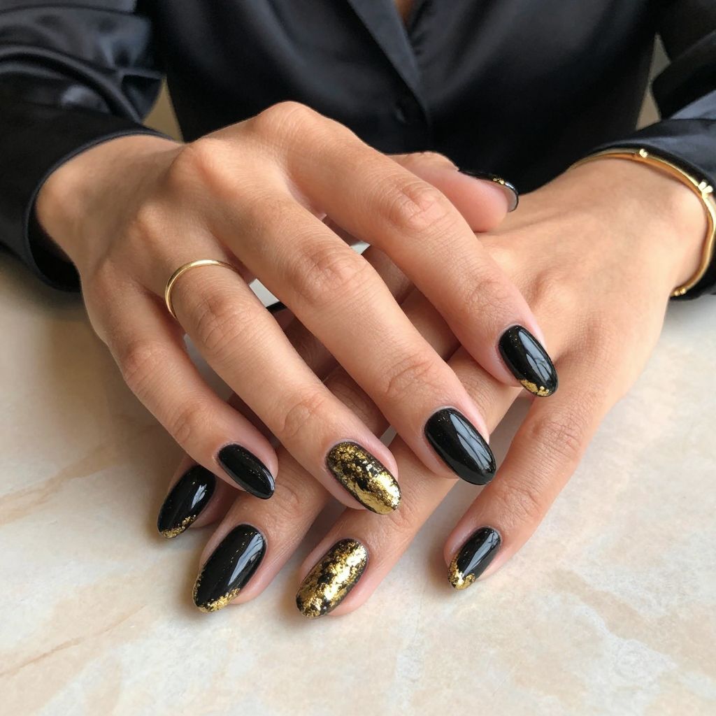 Black Base with Gold Leaf French Tips Nails