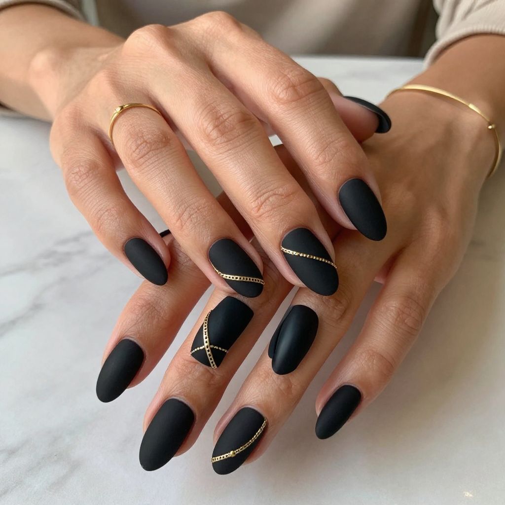 Black Satin Nails with Gold Chain Embellishments