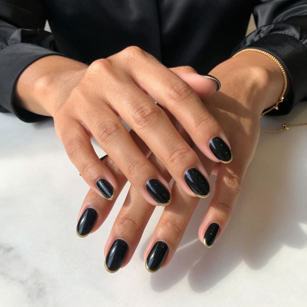 High Gloss Black with Delicate Gold Glitter Outline Nails
