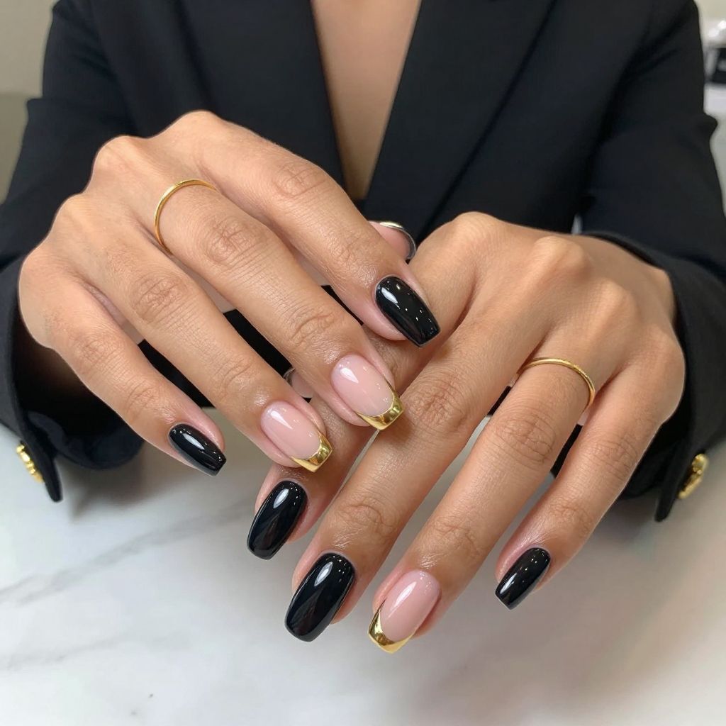 Glossy Black with Thin Gold French Tips
