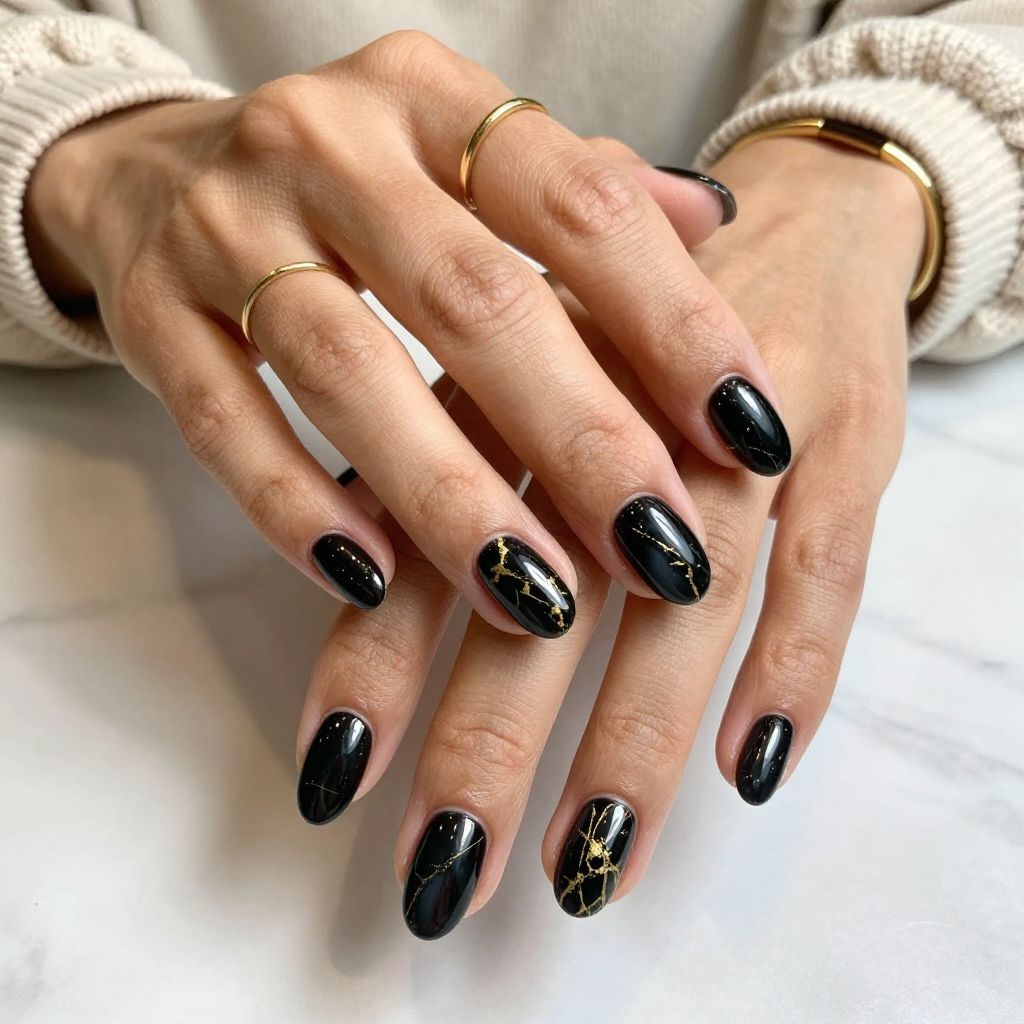 Black Marble with Gold Veining Nails