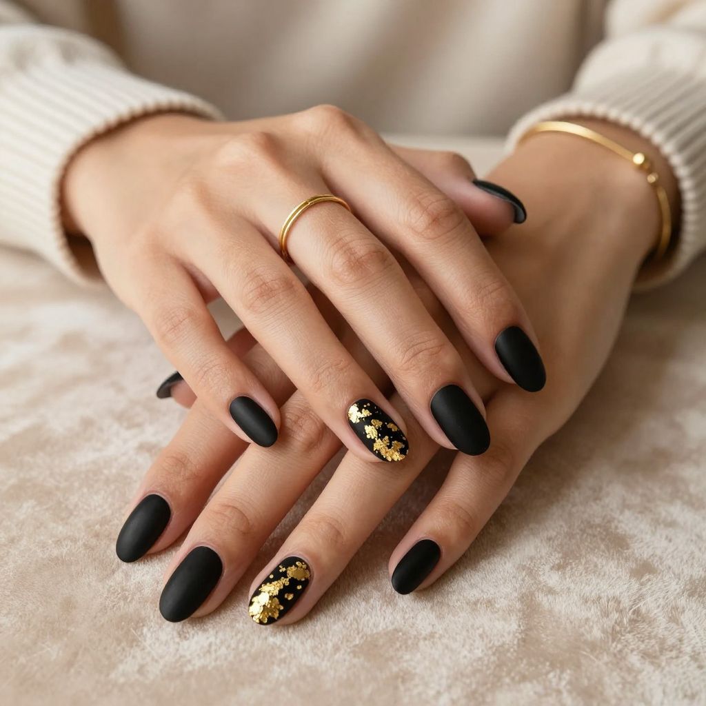 Black Satin Finish with Gold Leaf Flakes Nails