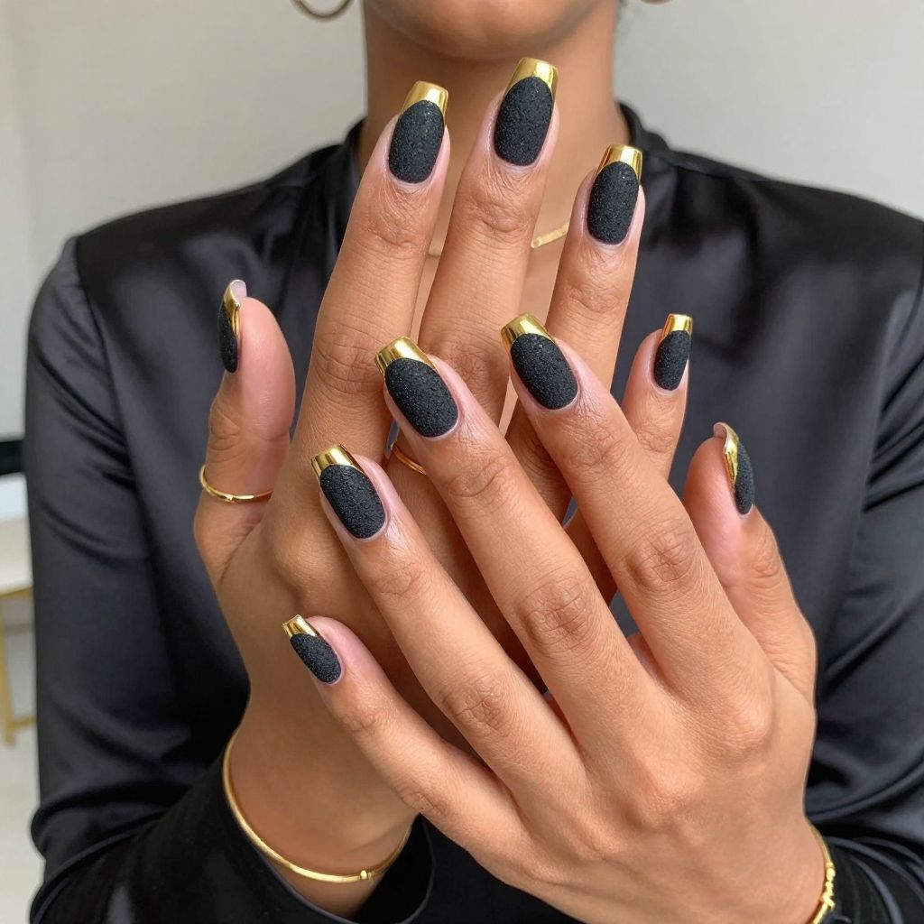 Textured Black Matte with Gold Chrome Tips Nails