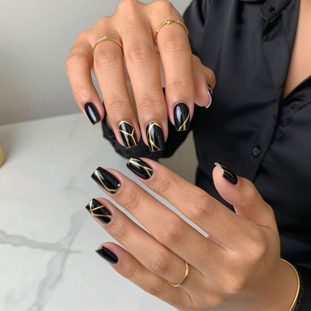 Black Base with Gold Geometric Lines Nails