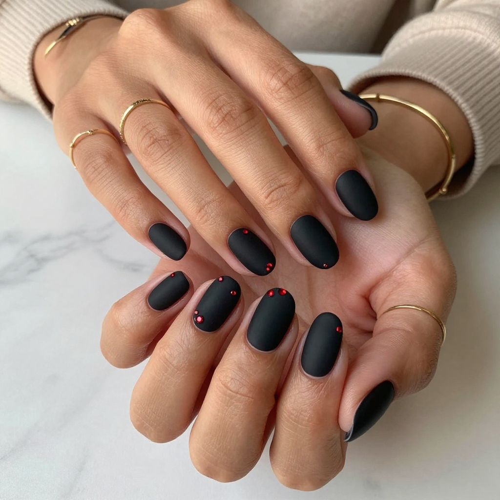Matte Black Nails with Tiny Red Gems