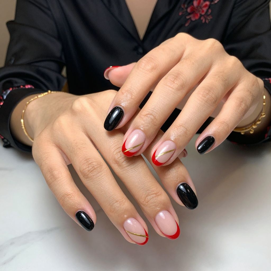 Black Nails with Red French Tips and Gold Accent Lines