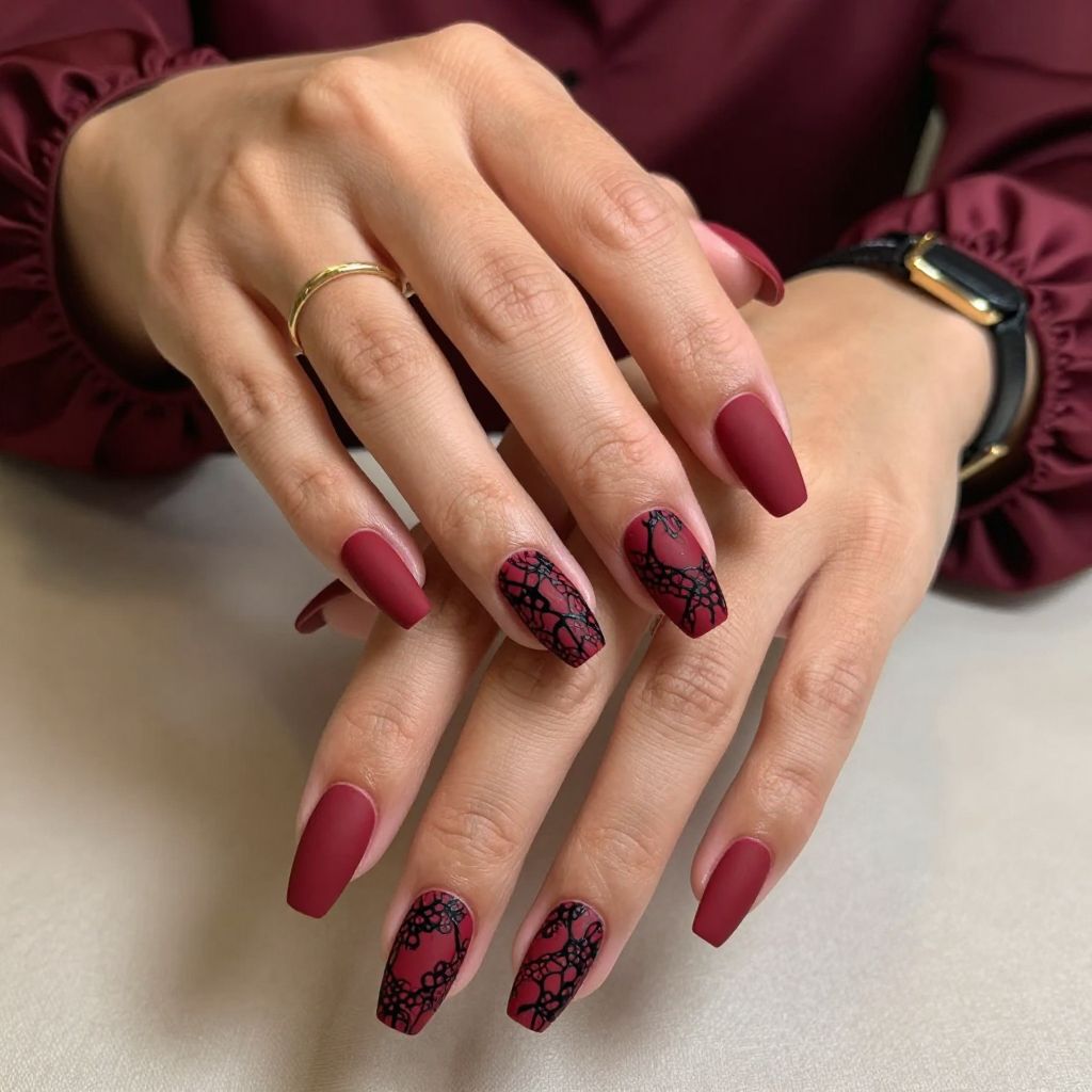 Red Matte Nails with Black Lace Detailing