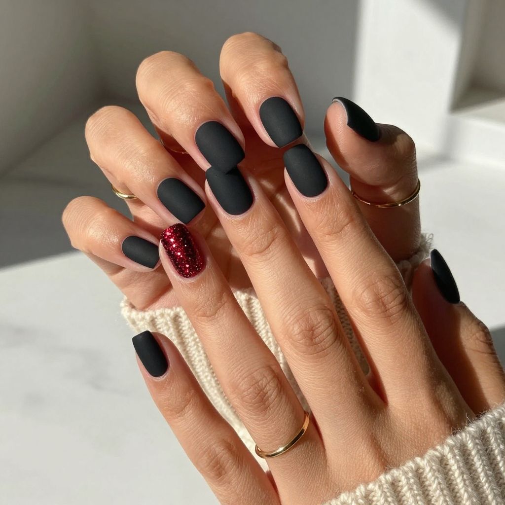 Black Base with Red Glitter Accent Nail