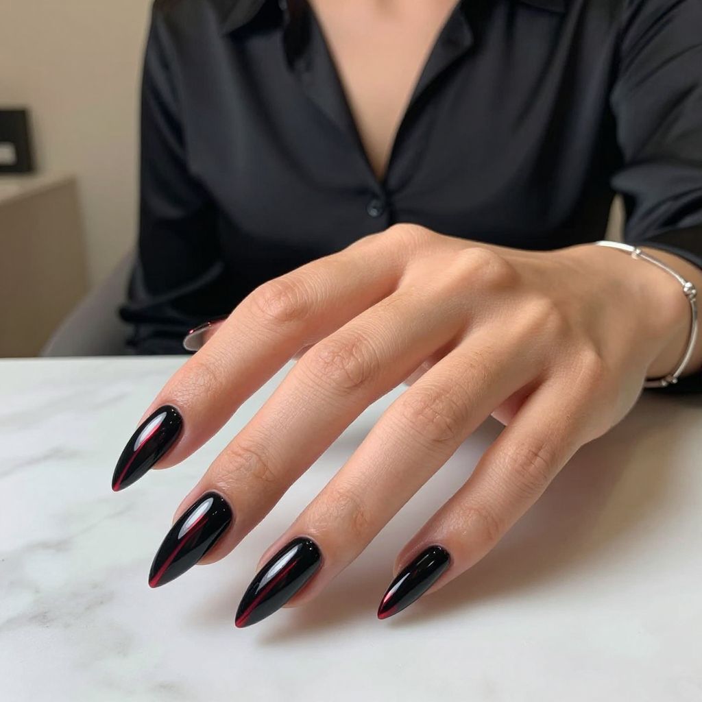 Glossy Black Nails with Red Metallic Stripe