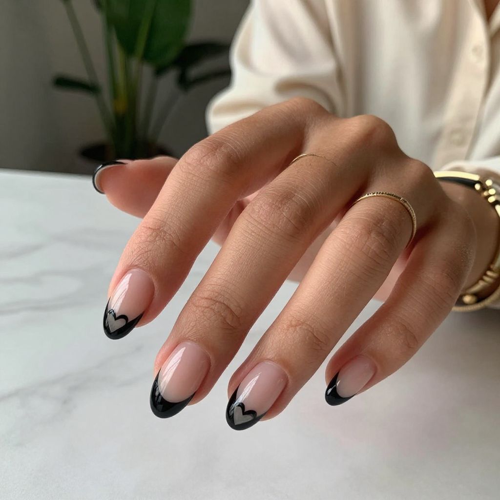 French Black Tips with Negative Space Hearts