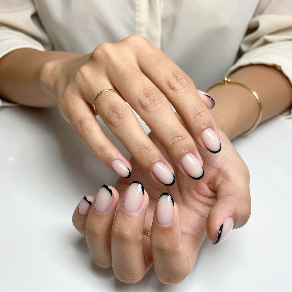Minimalist Thin Black Tips on Clear Nails