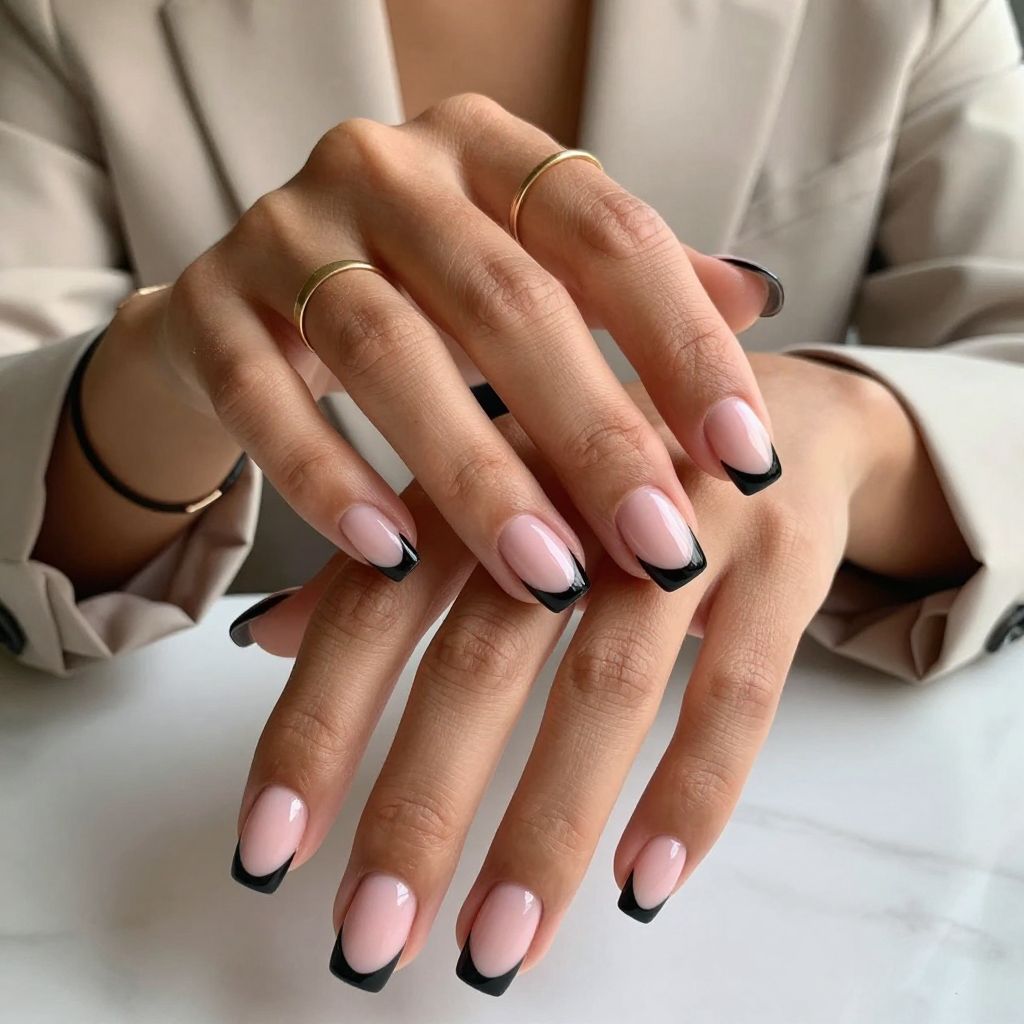 Sharp Black Tips on Square Nails
