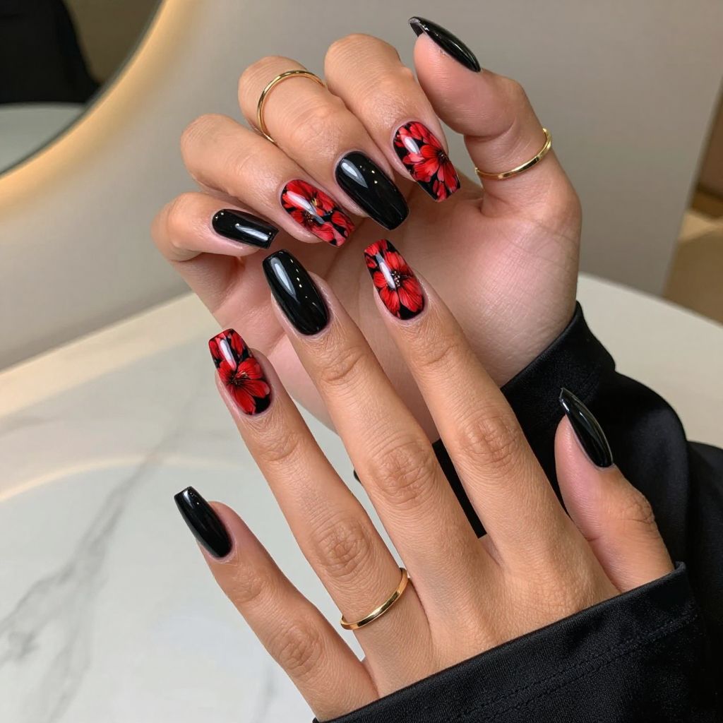 Bold Red Blossoms on Black Base