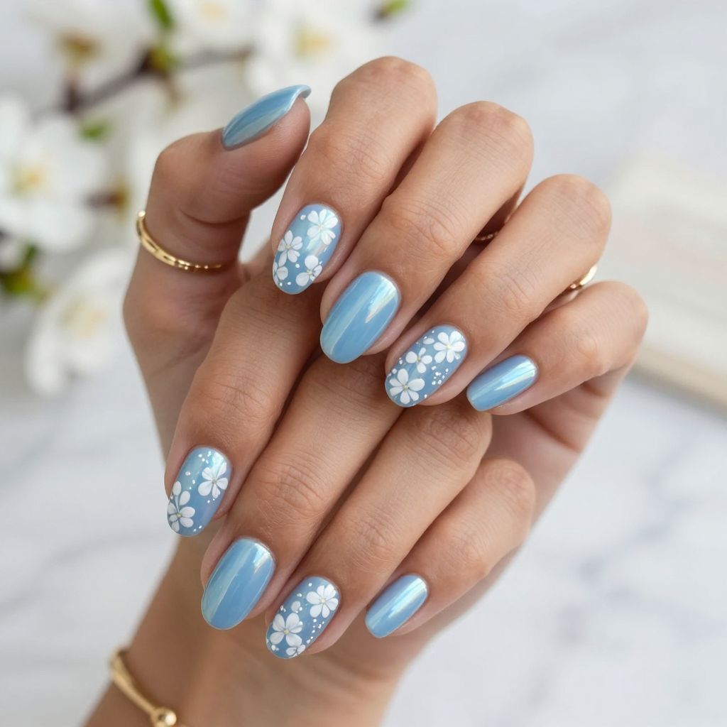 Sky Blue Chrome and White Floral Art