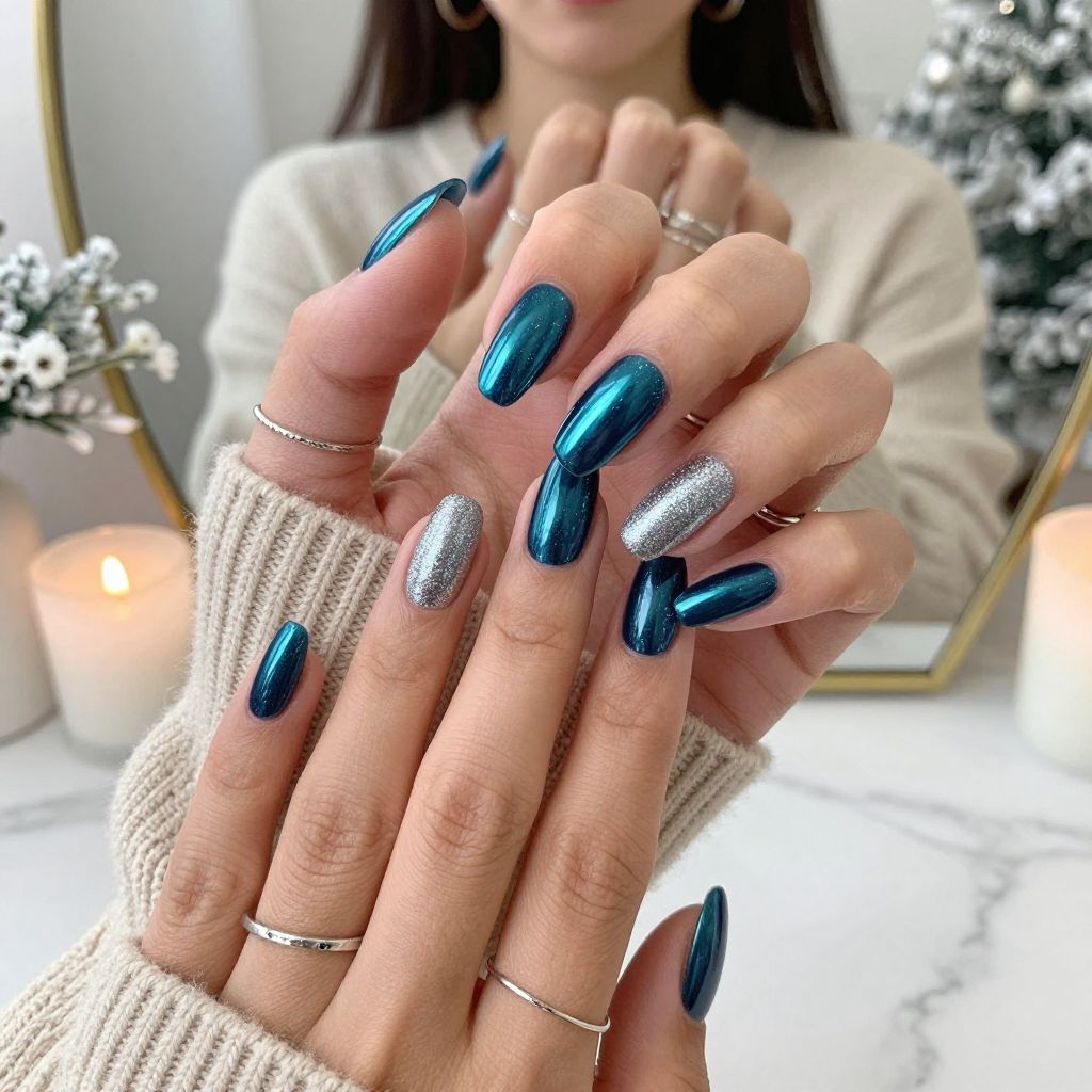 Deep Teal Chrome with Glitter Fade