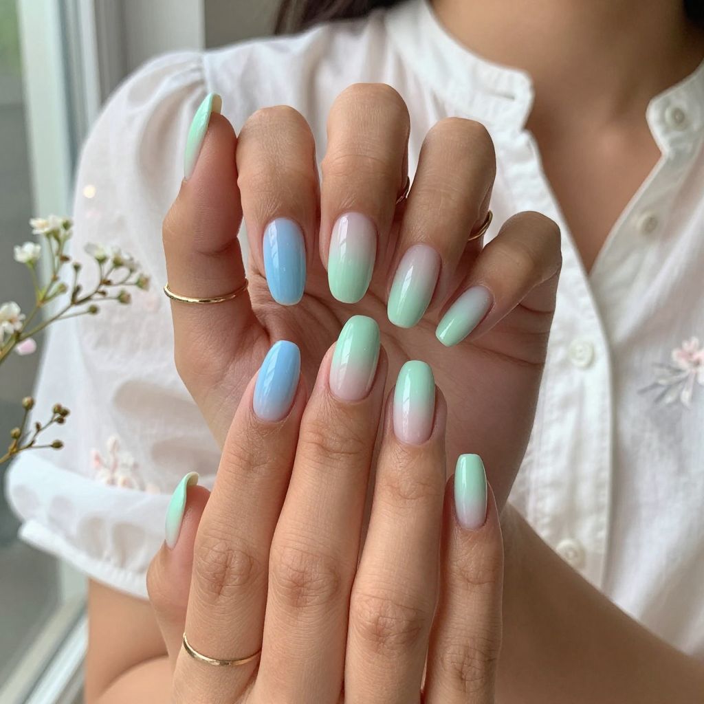 Minty Blue French Fade Nails