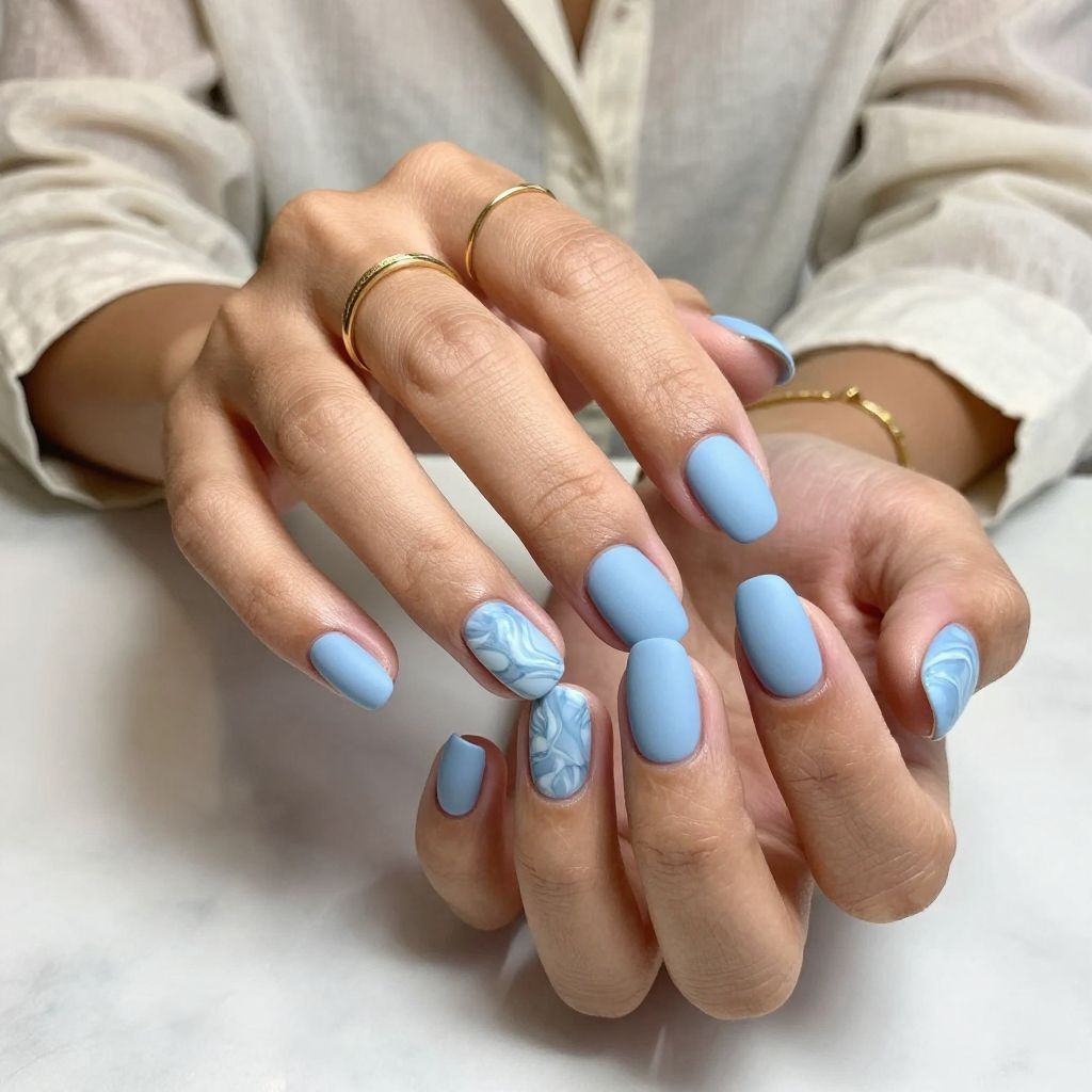Matte Powder Blue with White Marble Nails