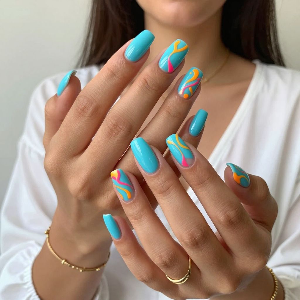 Bright Cyan Swirls with Neon Accents Nails