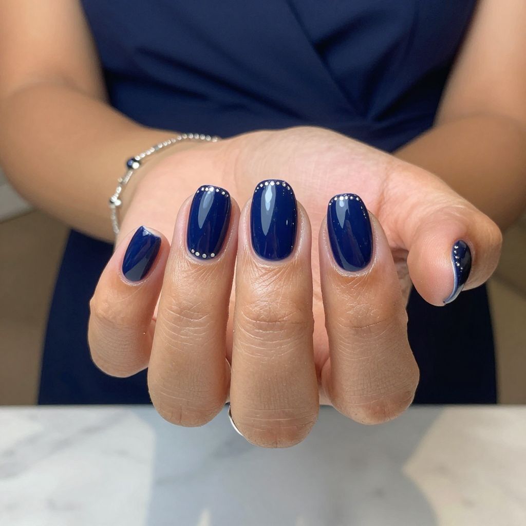 Navy Glam with Silver Studs Nails
