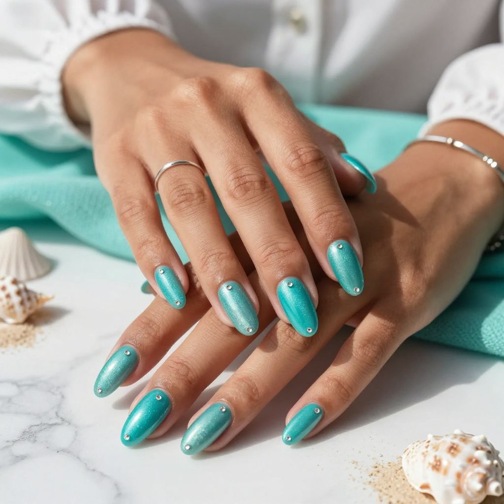 Gradient Turquoise Gemstone Glow Nails
