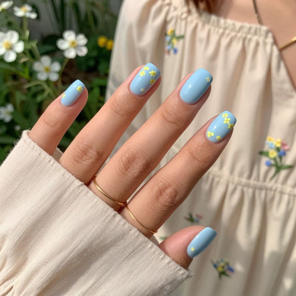 Pastel Blue with Yellow Floral Accents Nails