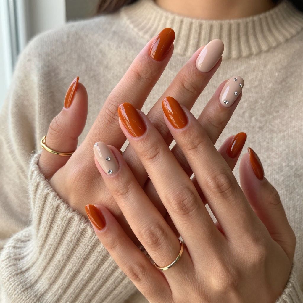 Burnt Orange with Matte Nude and Tiny Rhinestones