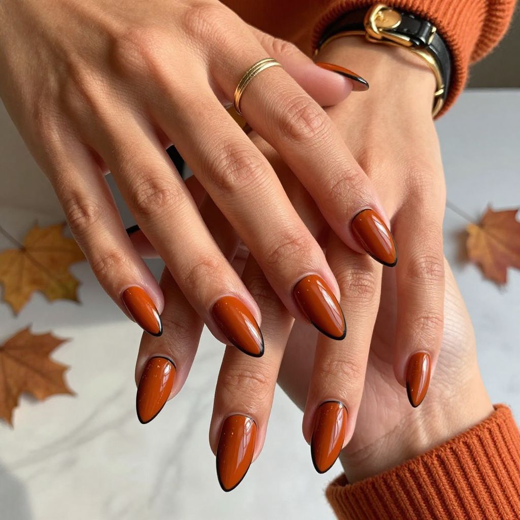 Burnt Orange and Black Edged Stiletto Nails
