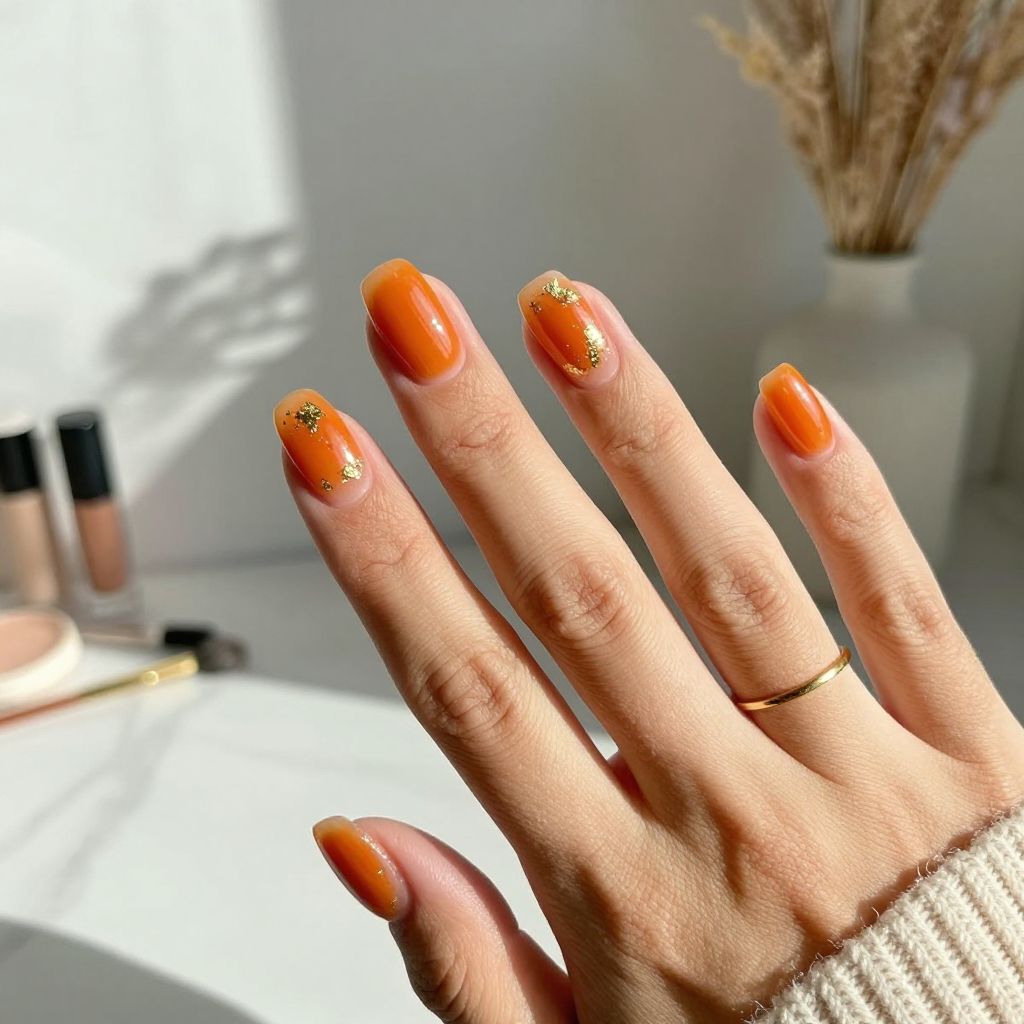 Burnt Orange Jelly Nails with Gold Foil Accents