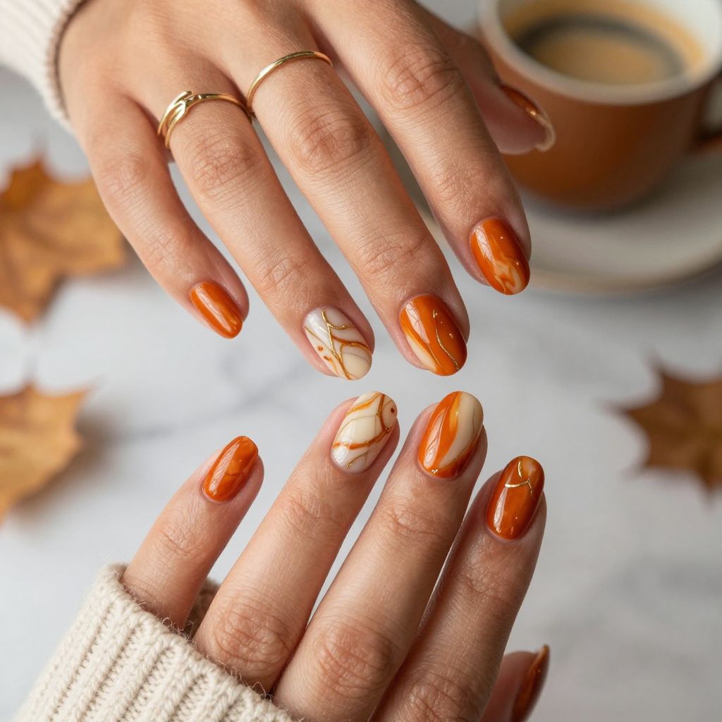 Burnt Orange and Cream Marble Nails