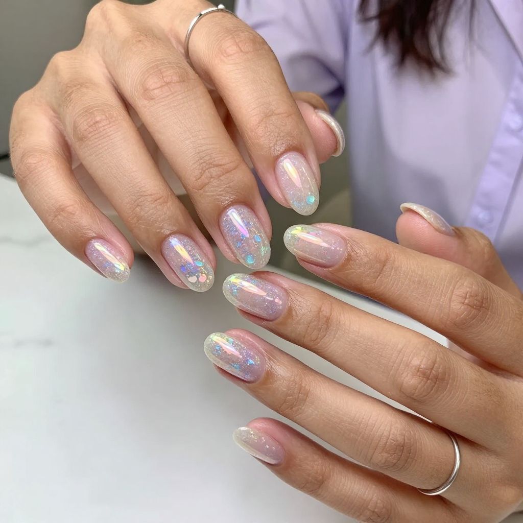 Clear Nails with Iridescent Flakes