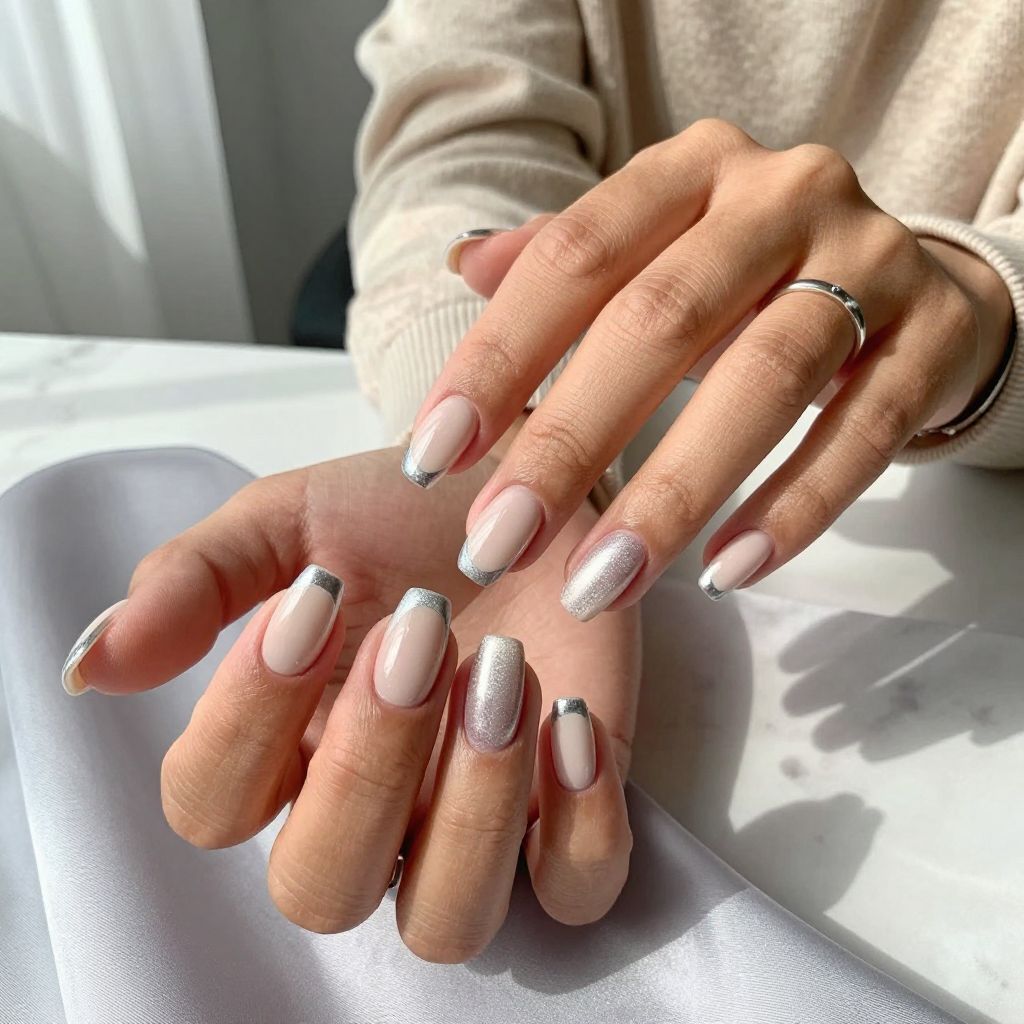 Nude Coffin Nails with Silver French Tip
