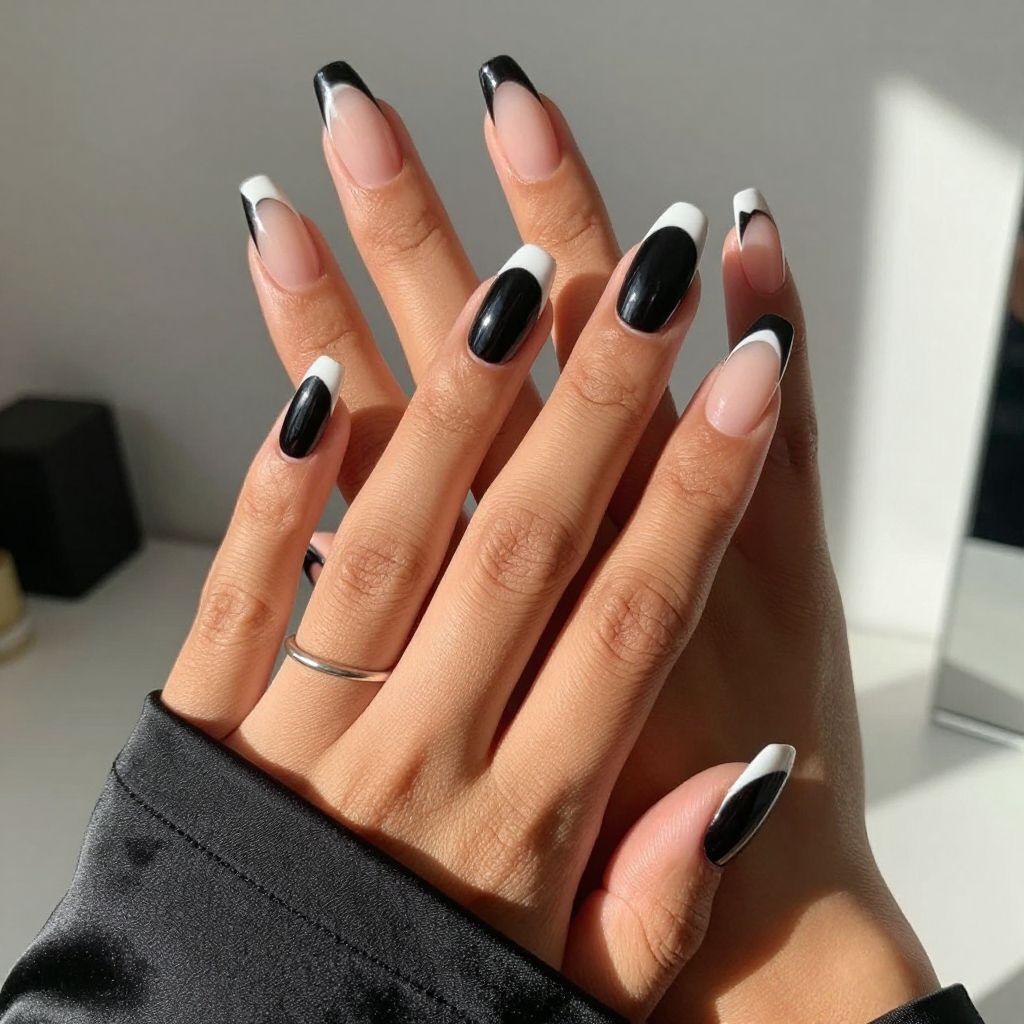 Black Coffin Nails with White V-Shaped Tips