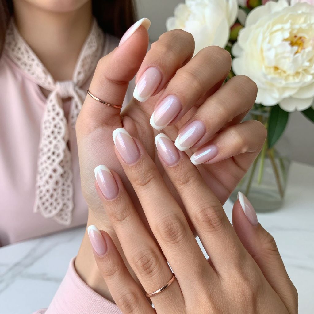 Pearl White Coffin Nails with Soft Pink Tips