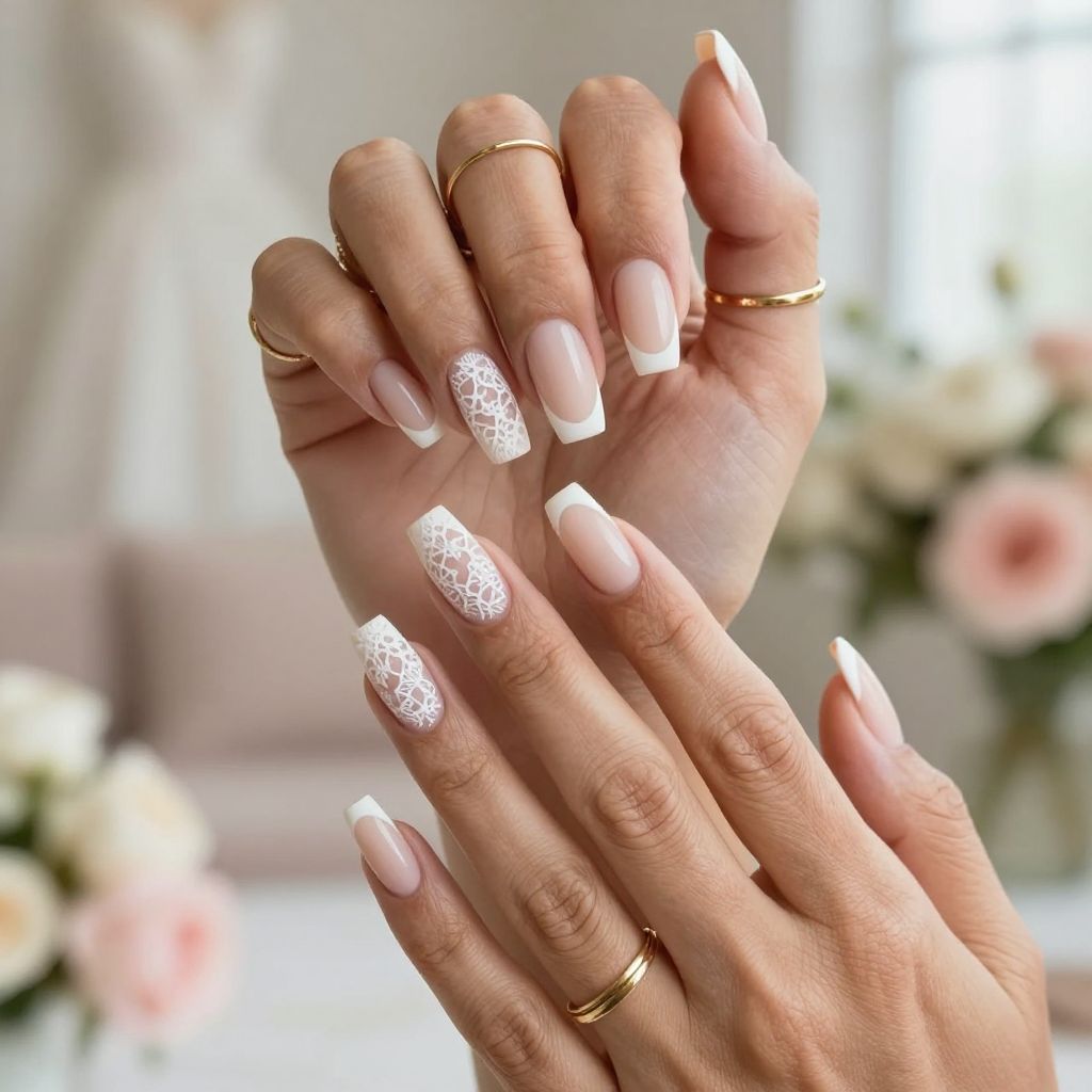 Matte Nude with White Lace Pattern French Tips