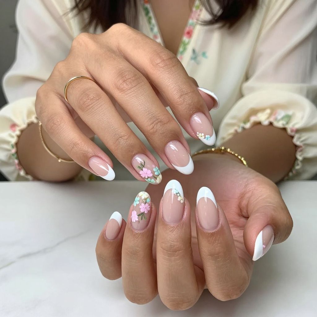 French Tip with Delicate Floral Accents