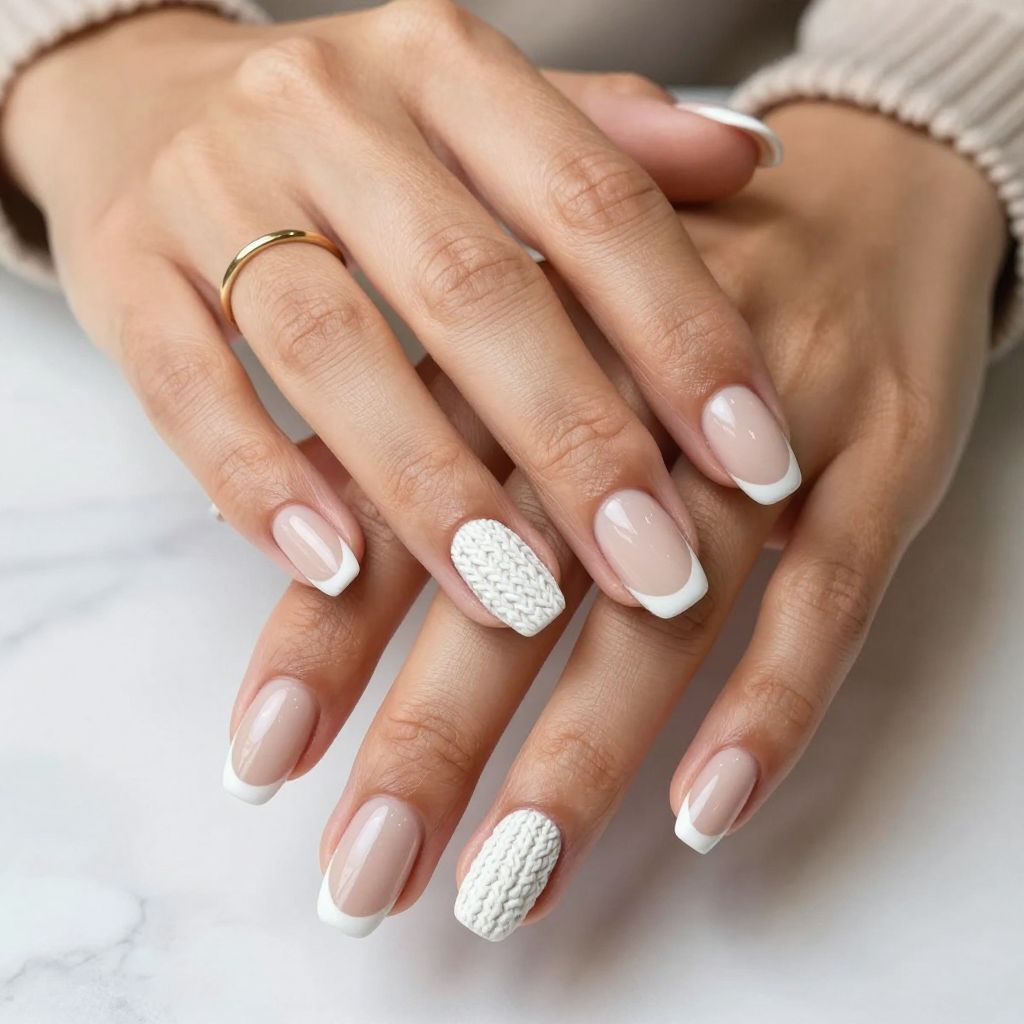 French Tip with Cozy Sweater Knit Pattern