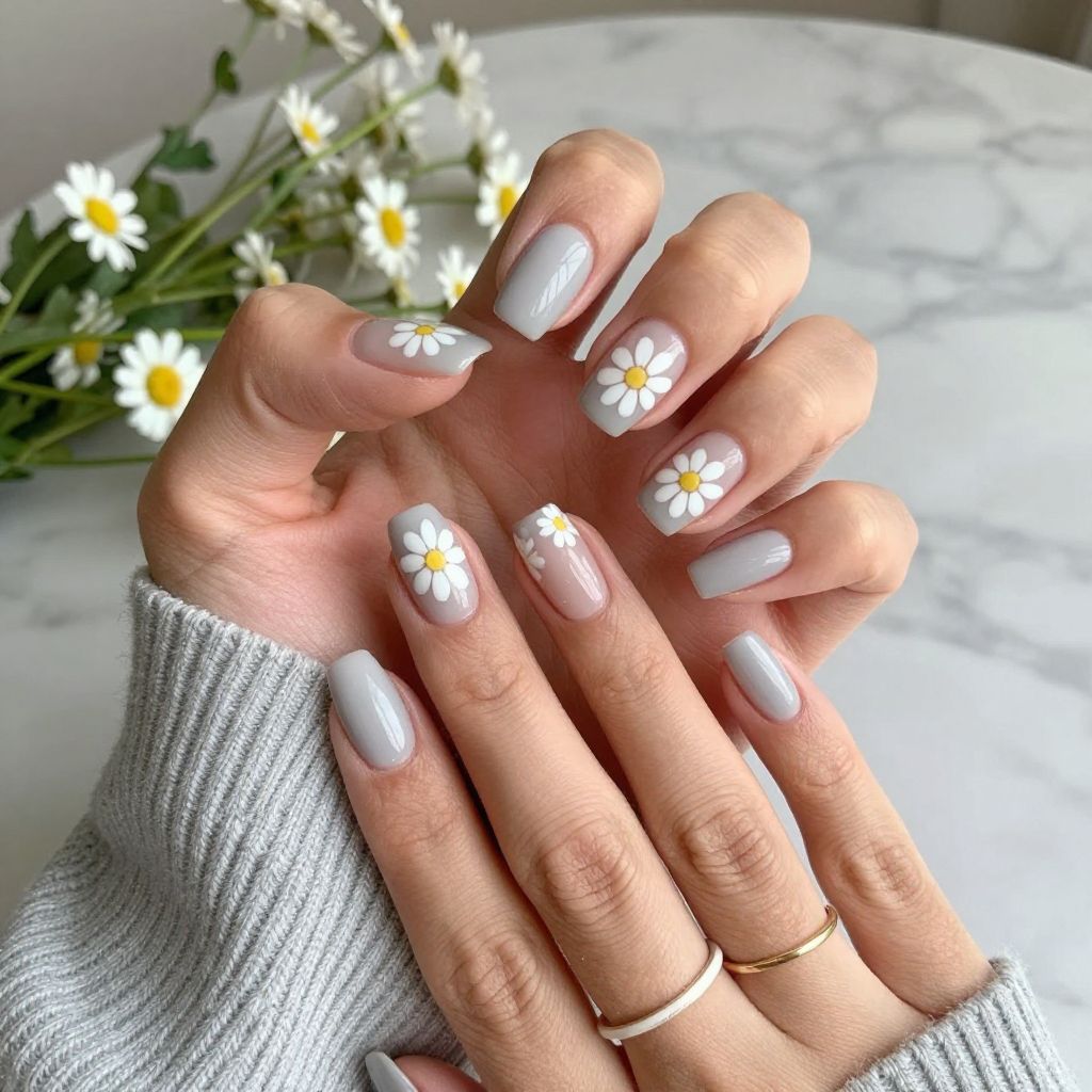 Soft Gray Base With Delicate White Daisies