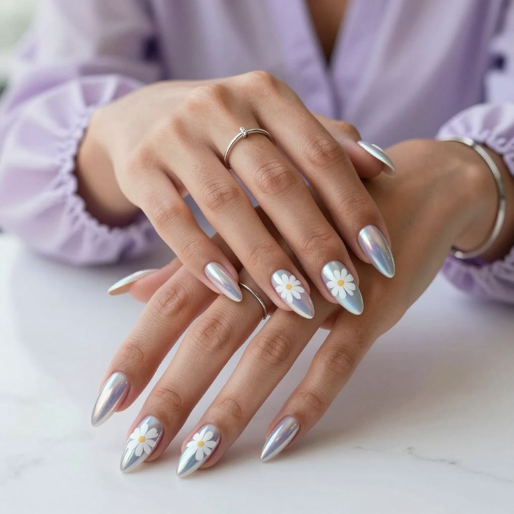Iridescent Chrome With Daisy Silhouettes