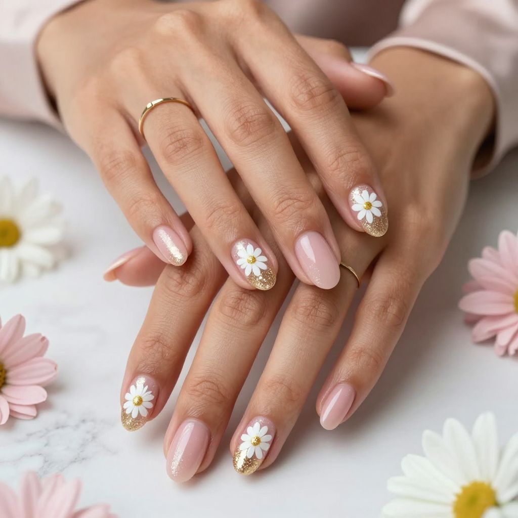 Soft Blush With Daisy Glitter Gradient