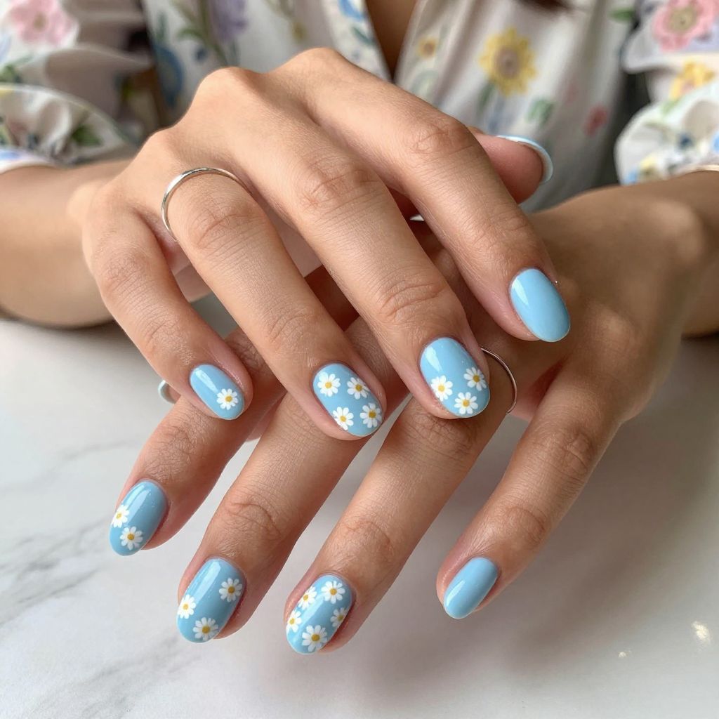 Baby Blue Background With White Daisy Crowd